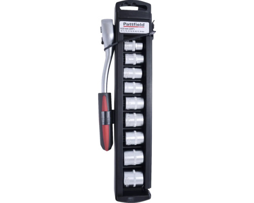 Sada nástrčných kľúčov Pattfield 9,53 mm s račňovou rukoväťou a nástrčnými kľúčmi rôznych veľkostí.