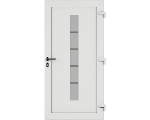 Biele interiérové dvere so sklenenou výplňou vo vertikálnej orientácii a čiernou kľučkou.