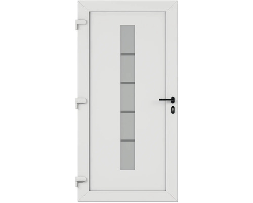 Biele dvere s obdĺžnikovou sklenenou vložkou a rukoväťou