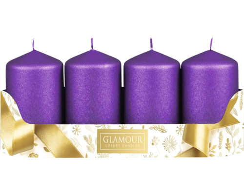 Sviečka adventná PEGAS ŠTRUKTUR škrabaná 4ks Štyri fialové stĺpové sviečky v balení