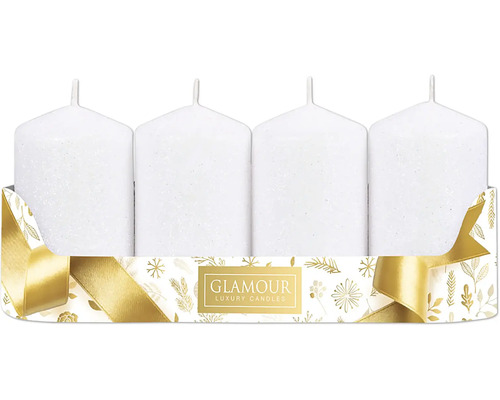 Sviečka adventná glitrovaná 5x8cm 4ks Štyri biele stĺpové sviečky vo sviatočnej krabici