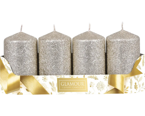 Štyri sviečky so trblietkami v kartónovej krabici