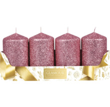 Štyri trblietavé stĺpové sviečky v darčekovom balení