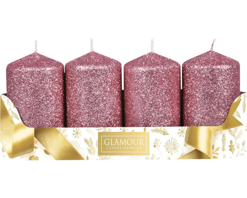 Sviečka adventná glitrovaná 5x8cm 4ks Štyri trblietavé stĺpové sviečky v darčekovom balení