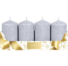 Štyri strieborné stĺpové sviečky v ozdobnom balení