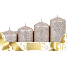 Štyri sviečky rôznych veľkostí s trblietkami v krabici