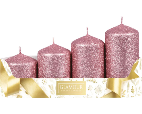 Sviečka adventná STUPŇ. glitrované 4ks Štyri ružové, trblietavé adventné sviečky v krabici