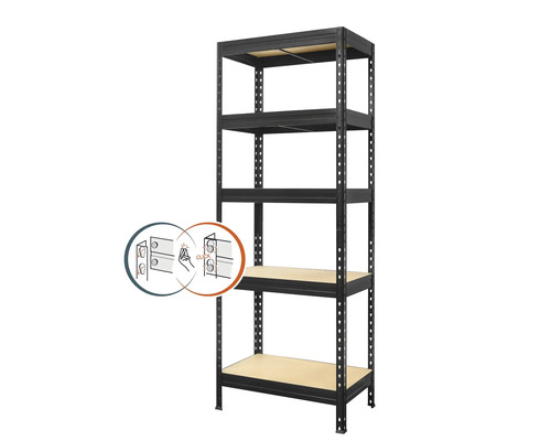 Kovový regál Kovona Praktik VRPRV1800753505C0001 1800x750x350 mm 5 políc čierny Kovová polica s piatimi úrovňami a nastaviteľnými policami