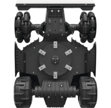 Detailný záber robotickej kosačky s funkciou mulčovania a špeciálnymi kolesami pre presné kosenie