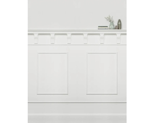 Stenový panel s ozdobnými lištami a policou na dekorácie