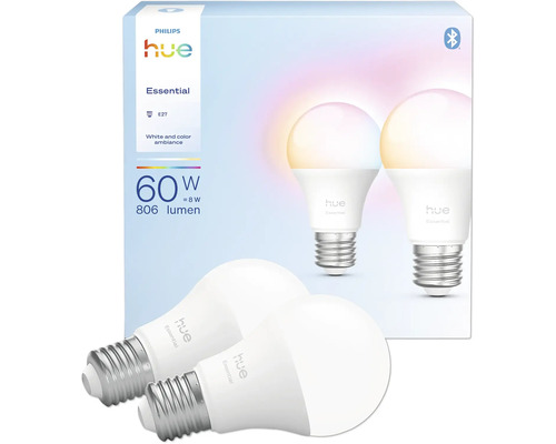 LED žiarovka Philips Hue 8720169392243 Essential RGB E27 A60 8W/60W 806 lm 2ks - kompatibilný so SMART HOME by hornbach Philips Hue Essential E27 LED žiarovka, 2 kusy