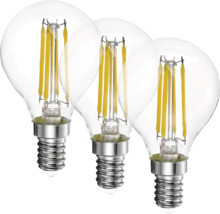 Tri číre LED žiarovky s vláknom a päticou E14