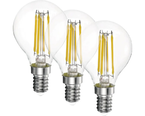 Tri číre LED žiarovky s vláknom a päticou E14