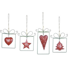 Sada ozdôb na vianočný stromček s motívmi srdca, hviezdy a vianočného stromčeka v kovovom ráme
