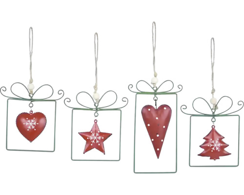 Sada ozdôb na vianočný stromček s motívmi srdca, hviezdy a vianočného stromčeka v kovovom ráme