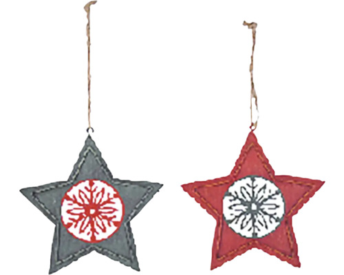 Závesná dekorácia hviezda s vločkou, kov, červená Dva hviezdicové prívesky so vzorom snehovej vločky