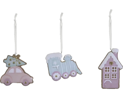Tri vianočné ozdoby so vzormi auta, vlaku a domu