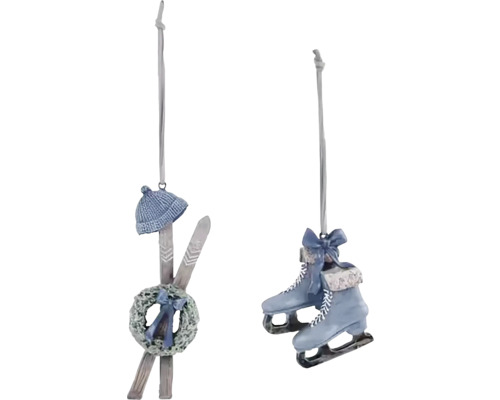 Závesná dekorácia lyže a korčule, šedá/modrá Dekoratívne vianočné ozdoby so zimnými motívmi na zavesenie