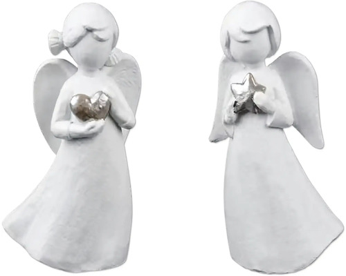 Vianočná figúrka anjel, polyresin, biela/zlatá Dve dekoratívne anjelské figúrky so srdcom a hviezdou