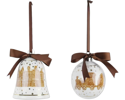 Vianočná ozdoba keramika biela/zlatá/tmavo hnedá 8,5x10x8,5 cm mix 2 druhov cena za 1 Dve vianočné ozdoby: zvonček a guľa so stuhou