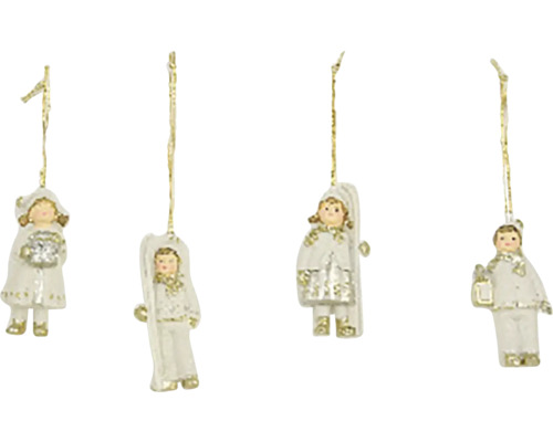 Závesná dekorácia DETI V ZIME, polystone, biela Vianočné prívesky s motívom anjelov na zavesenie