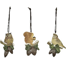 Tri ozdobné prívesky so sovou, veveričkou a vtákom na konári