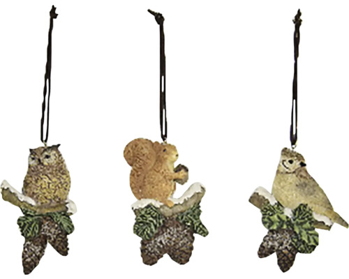 Tri ozdobné prívesky so sovou, veveričkou a vtákom na konári