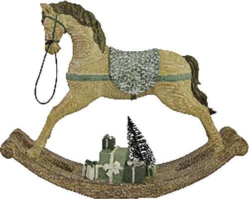Vianočné dekorácie KONÍK hojdacia polystone hnedá/zelená 35x28x8 cm Hojdací koník s darčekmi a vianočným stromčekom ako dekorácia