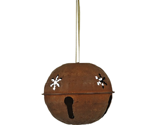 Závesná vianočná dekorácia rolnička RUSTY kov hrdza 18x14x18 cm Dekoratívny hrdzavý zvonček so vzorom snehových vločiek a závesom