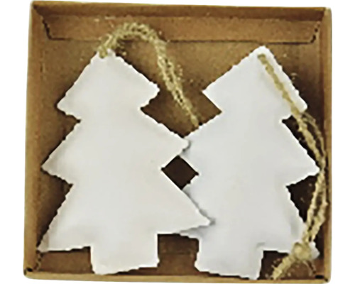 Dve biele ozdoby na vianočný stromček v tvare vianočného stromčeka v krabici