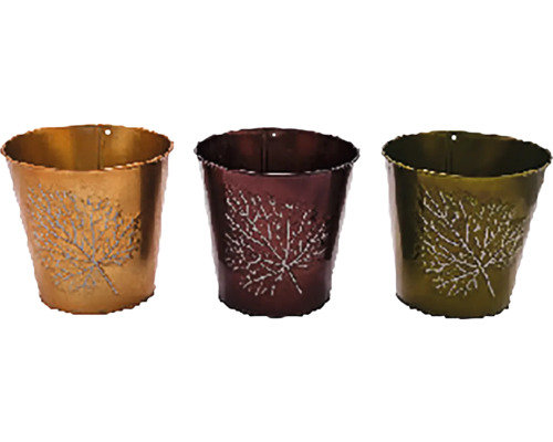 Vianočný obal na kvetináč list bronzová 13x13x13 cm mix 3 druhov cena za 1 ks Tri ozdobné kovové kvetináče s motívom listov