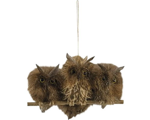 Závesná vianočná dekorácia SOVY sediaca perie/drevo hnedá 24x7x19 cm Dekoratívny predmet: Tri sovy na konári na zavesenie