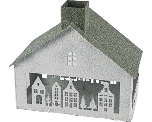 Vianočný domček METAL kov biela/zelená 26x14,5x24 cm Dekoratívny dom so siluetou mesta ako bytový doplnok