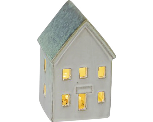 Vianočný domček ICE LED keramika krémová/zelená 8x7,5x13 cm Dekoratívny keramický dom s oknami, ktoré sú osvetlené zvnútra