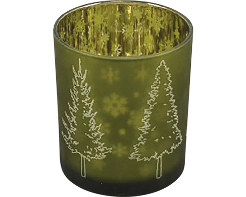 Svietnik na čajovú sviečku STROMKY sklo zelená matná 9x9x10 cm Svietnik so vzorom vianočného stromčeka