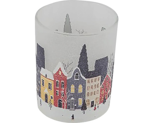 Svietnik na čajovú sviečku domčeky sklo číra matná/multicolor 7x7x8 cm Držiak na čajovú sviečku s motívom zimnej dediny