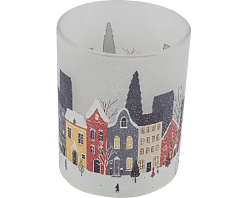 Svietnik na čajovú sviečku domčeky sklo číra matná/multicolor 9x9x10 cm Sviečka s motívom zimného mesta