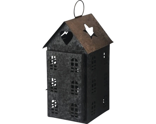 Vianočný domček BRONZE kov čierna/bronzová 24x24x53 cm menší Dekoratívny svietnik lampáš v tvare domu s motívmi srdca a hviezdy.