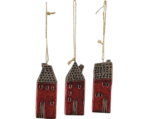 Závesný domček OLD TOWN keramika hnedá/červená 4x3,5x11 cm mix 3 druhov cena za 1ks Tri ozdoby na vianočný stromček v tvare domu