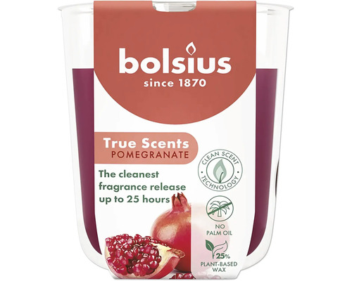 Bolsius vonná sviečka granátové jablko s technológiou Clean Scent, bez palmového oleja a 25 percent rastlinného vosku