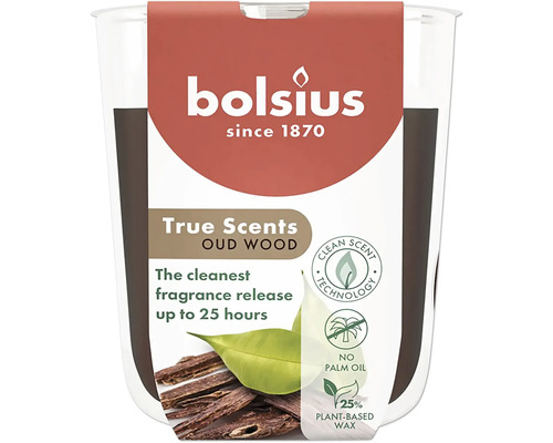 Vonné sviečky Bolsius True Scents Oud Wood s technológiou Clean Scent, bez palmového oleja a s 25 percentami rastlinného vosku