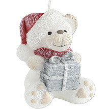 Sviečka na vianočný stromček Medvedík s darčekom a vianočnou čiapkou