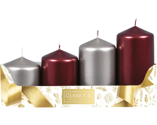 Sviečka adventná stupeň MIX metal lesk Sada adventných sviečok v striebornej a vínovej farbe