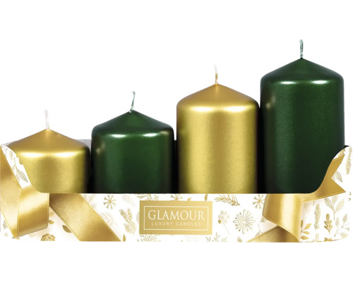 Sviečka adventná stupeň MIX metal lesk Štyri adventné sviečky v zlatej a zelenej farbe