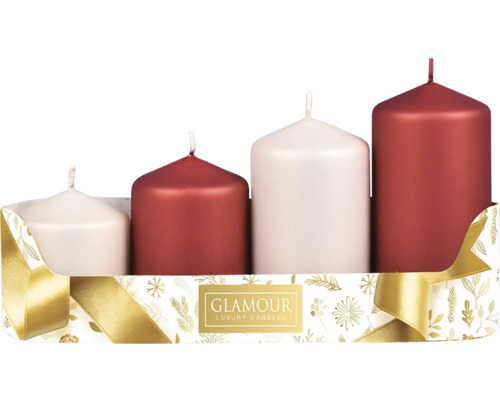 Sviečka adventná STUPŇ.MIX metal lesk Štyri sviečky rôznych výšok v dekoratívnom balení.