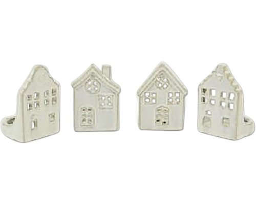 Štyri dekoratívne držiaky na čajové sviečky v tvare domu z keramiky