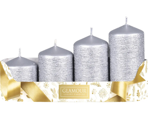 Sviečka adventná stupeň TAURUS 4ks Strieborné valcové sviečky v balení po štyroch kusoch