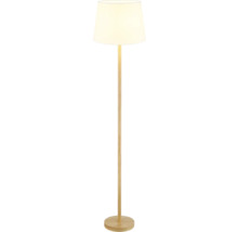 Stojacia lampa s látkovým tienidlom a drevenou nohou