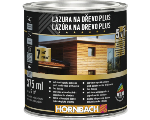 Lazúra na drevo Hornbach Plus 0,375 l striebornosivá Lazúra na drevo v plechovke s informáciami o vlastnostiach a použití.