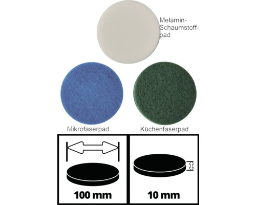 Melamínová penová podložka, podložka z mikrovlákna a kuchynská vláknitá podložka s priemerom 100 milimetrov a hrúbkou 10 milimetrov